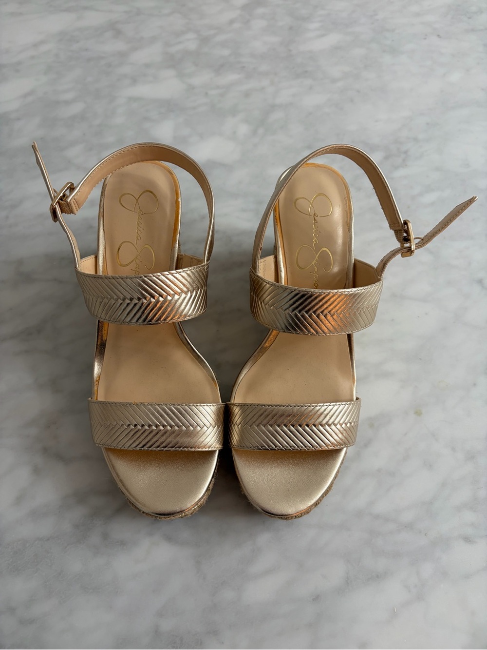 Jessica Simpson Metallic Gold Strappy Block Heel Sandals